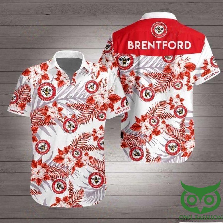 21 Brentford Football Club White with Red Flowers Hawaiian Shirt