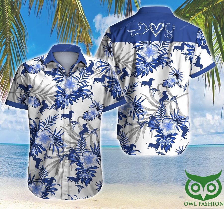 Nurses Dachshund Floral Blue Hawaiian Shirt