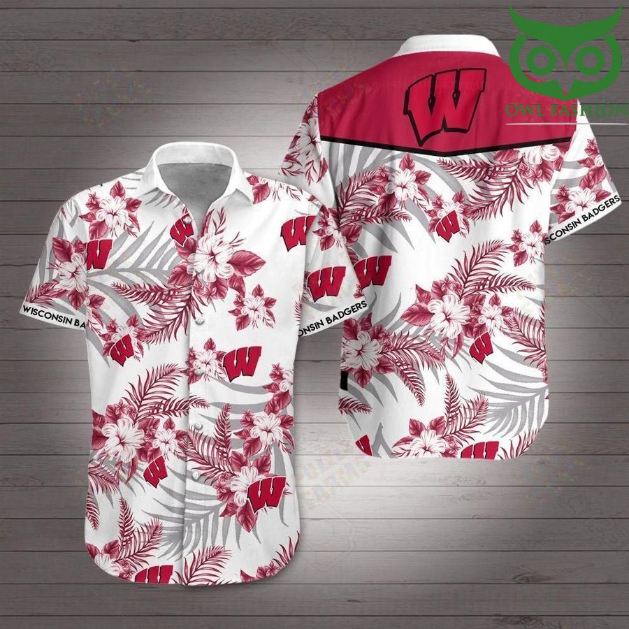 Wisconsin Badgers white red tropical floral Hawaiian Shirt 