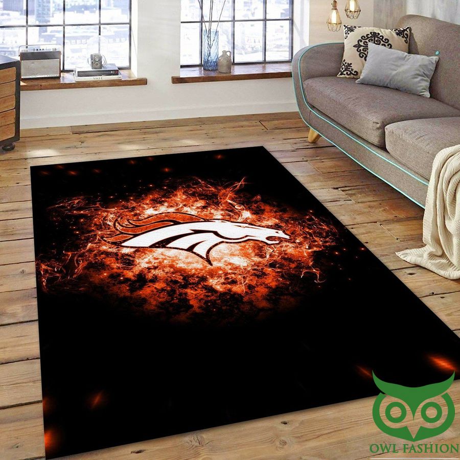 Denver Broncos NFL Team Logo Black Orange Fire Carpet Rug