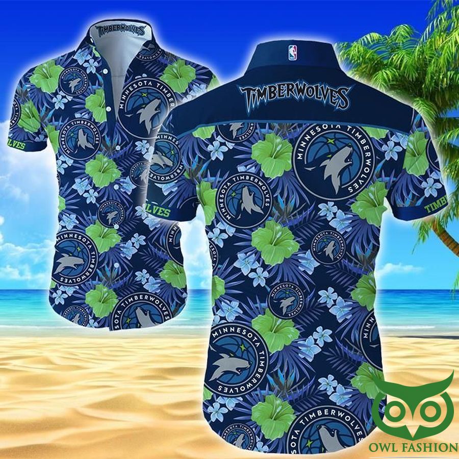 NBA Minnesota Timberwolves Blue and Green Flowers Hawaiian Shirt 