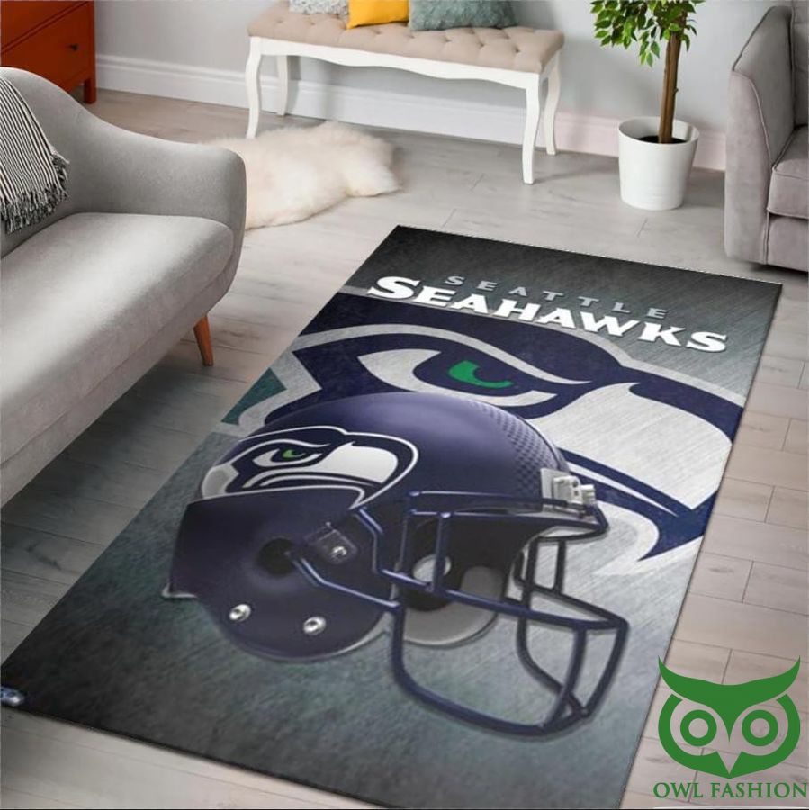 Seattle Seahawks NFL Team Logo with Hat Blue and Gray Carpet Rug