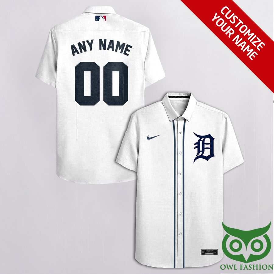 Customized Detroit Tigers White with Ink Blue Nike and Team Logo Hawaiian Shirt
