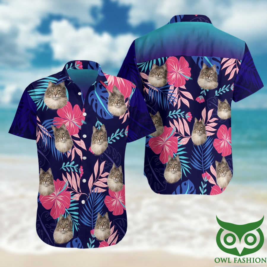 Maine Coon Cat Floral Beach View Dark Blue Hawaiian Shirt