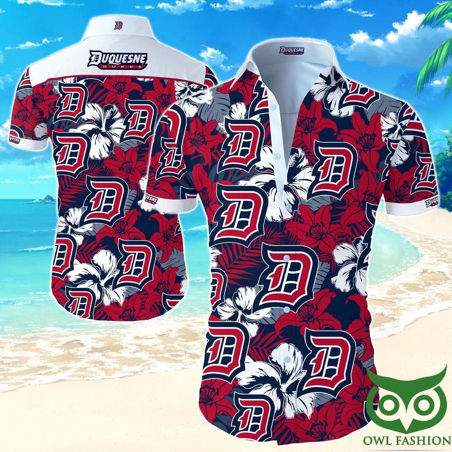 NCAA Duquesne Dukes Dark Blue and Red Flowers Hawaiian Shirt 