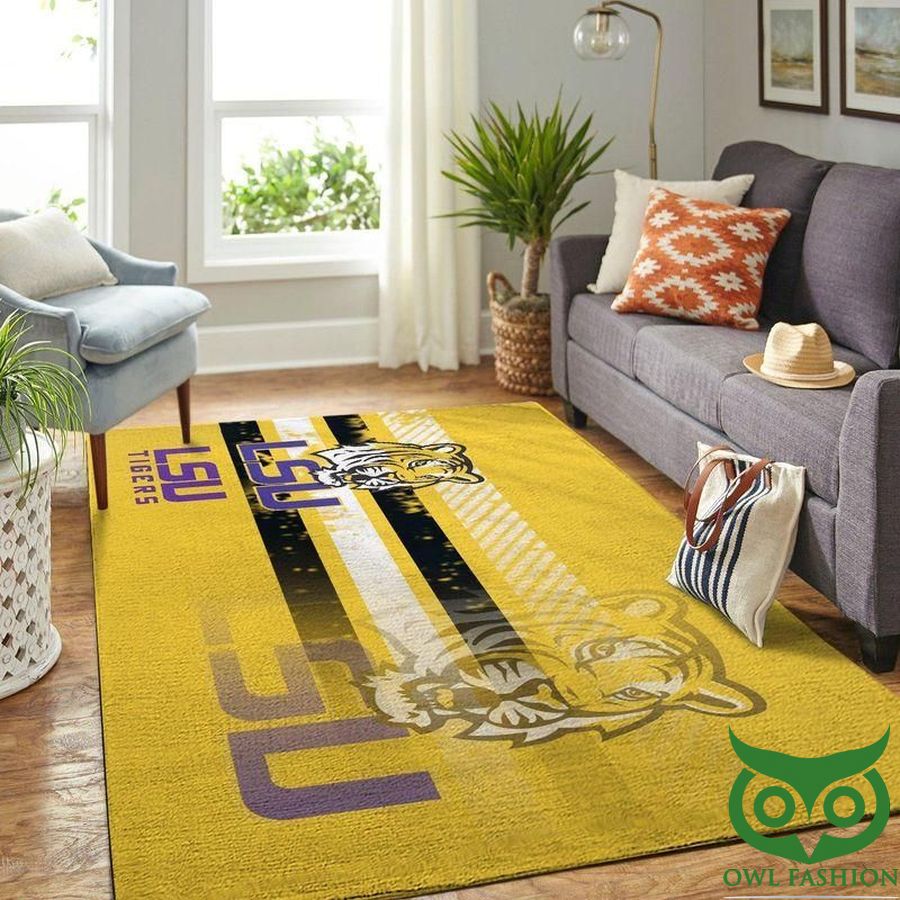 Lsu Tigers NCAA Team Logo Yellow with White Black Stripes Carpet Rug