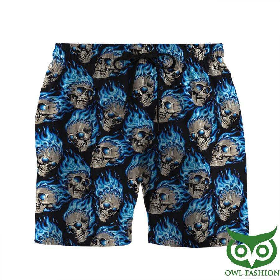 3D AOP Hot Rod Blue Flame With Skull Custom Men Shorts