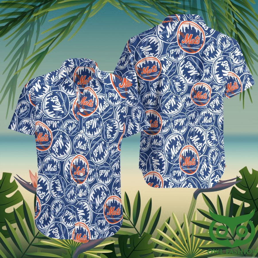 MLB New York Mets Multiple Logos Interlinked Indigo Blue Hawaiian Shirt