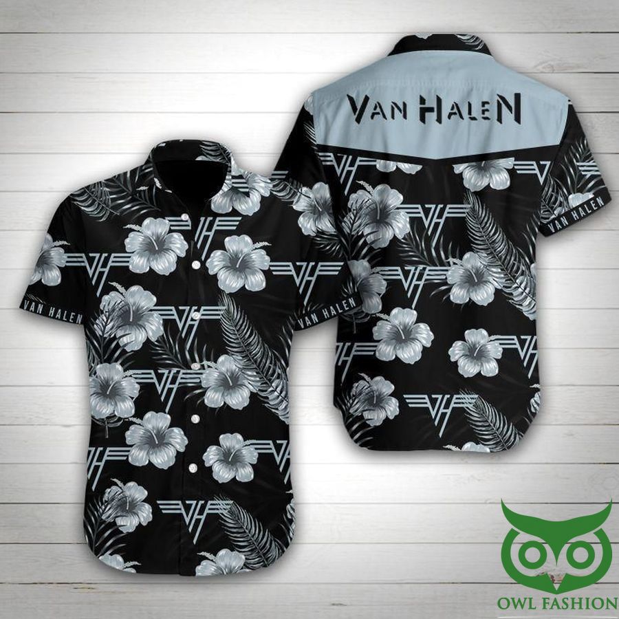 Van Halen Band Logo Blue Gray Floral Black Hawaiian Shirt