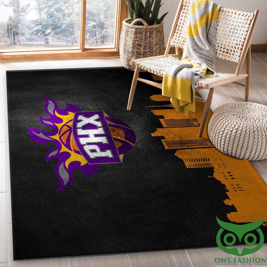 Phoenix Suns NBA Team Logo Skyline Black with Orange Buildings Carpet Rug