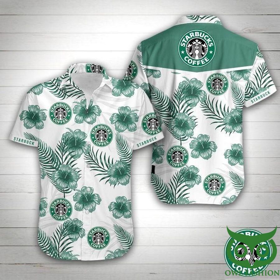 Starbucks Coffee White and Light Green Flowers Hawaiian Shirt 