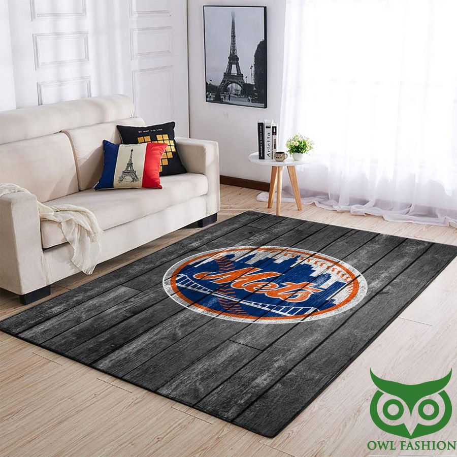 New York Mets MLB Team Logo Grey Wooden Style Carpet Rug