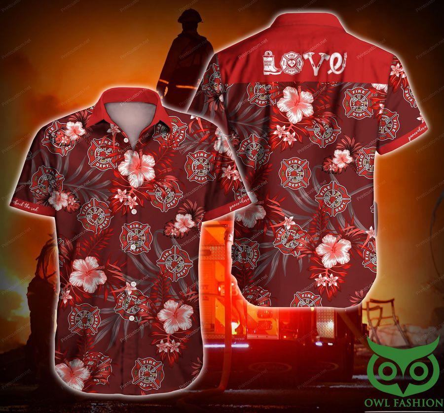 Firefighter Redd Love Red Floral Hawaiian Shirt