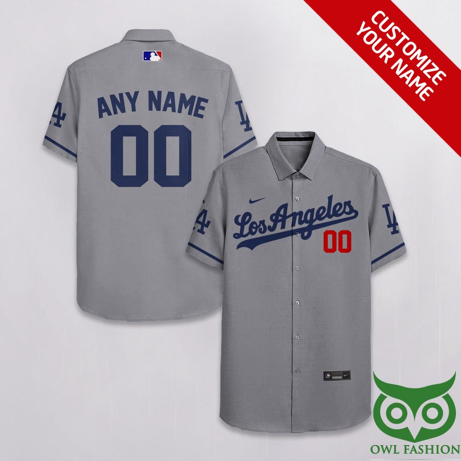 Custom Name Number Los Angeles Dodgers Gray and Dark Blue Hawaiian Shirt