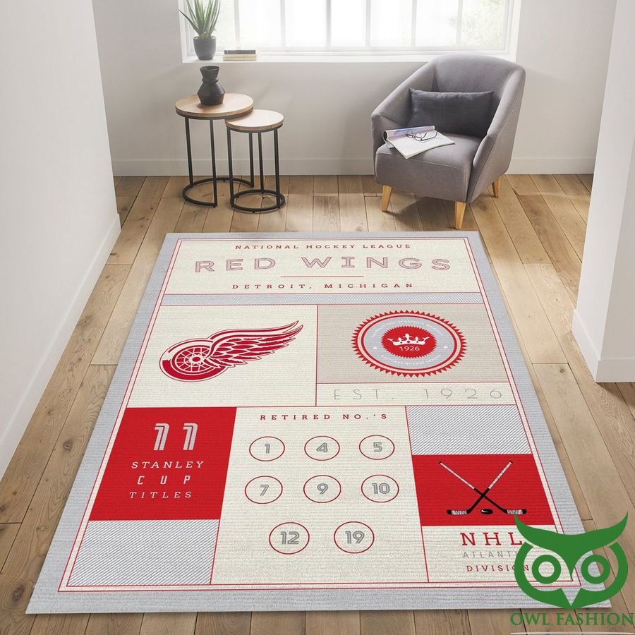 Detroit Red Wings NHL Team Logo Light Gray and Red Carpet Rug