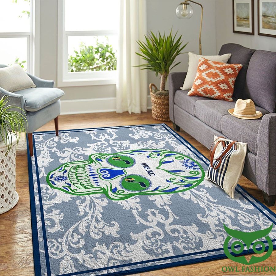 NBA Team Logo Utah Jazz Skull Flower Style Green and Blue Carpet Rug