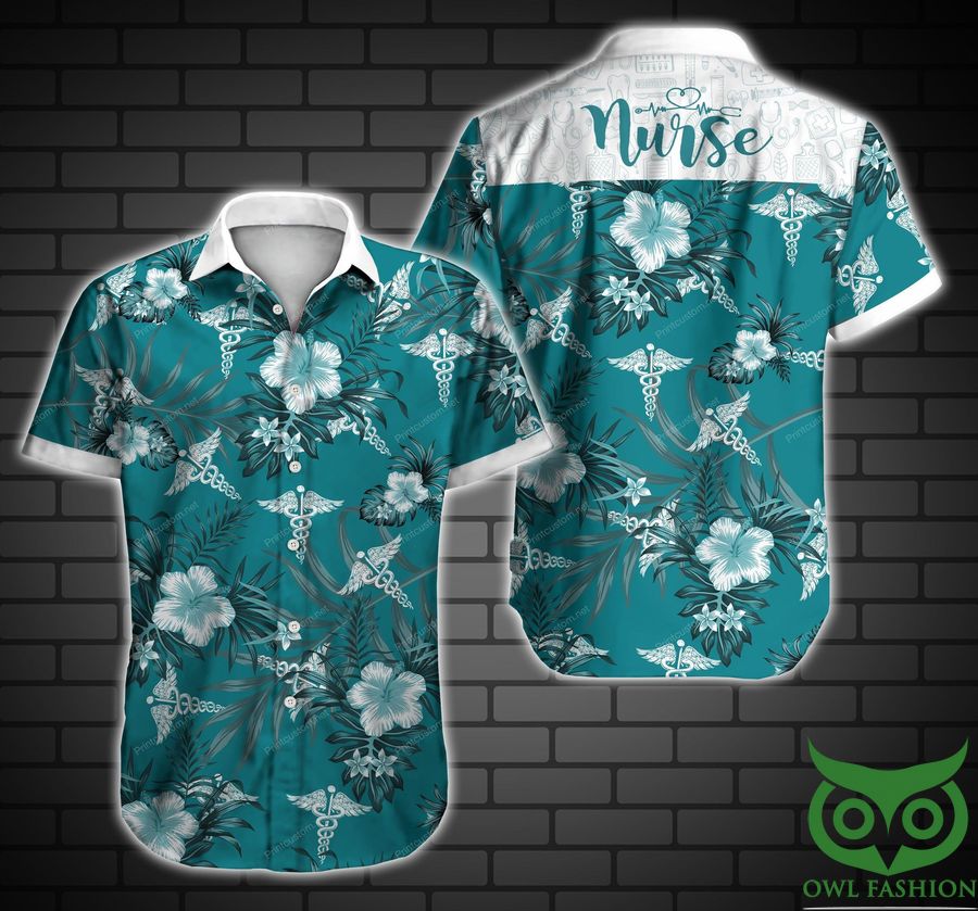 Nurse Turquoise Flowers Tropical Hawaiian Shirt