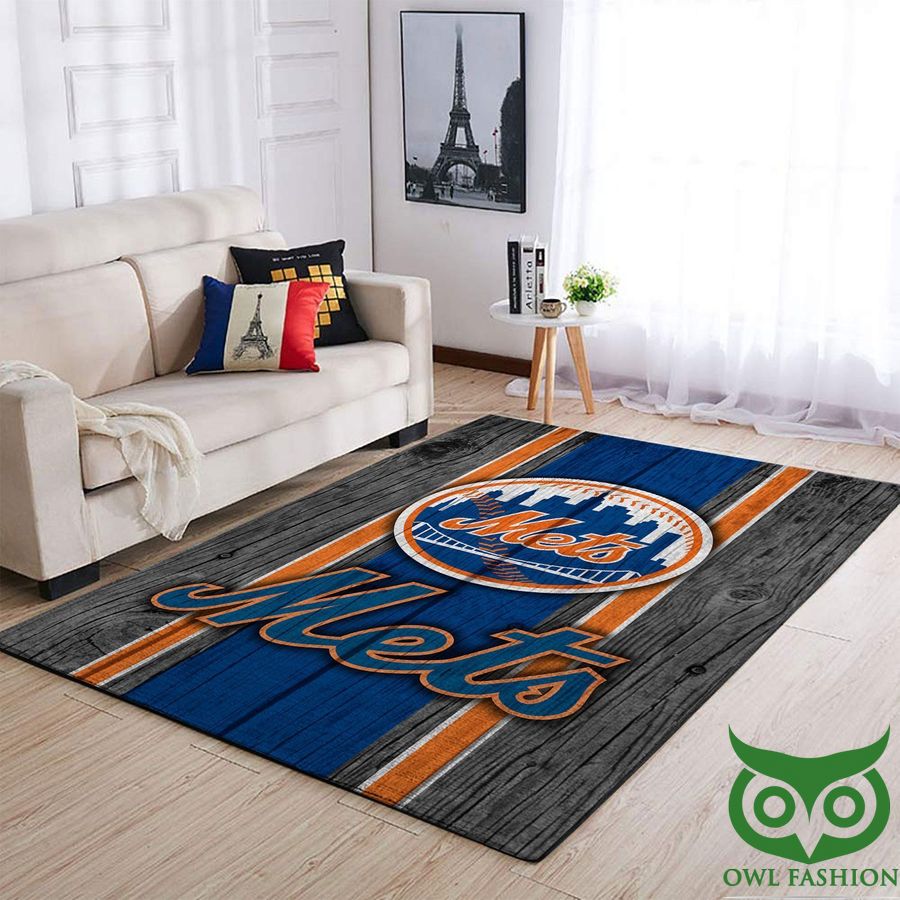 New York Mets MLB Team Logo Wooden Style Orange Blue Carpet Rug