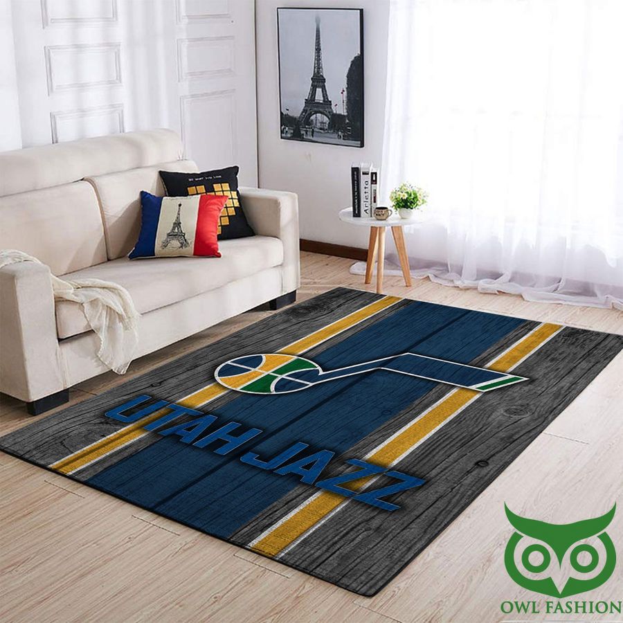 Utah Jazz NBA Team Logo Wooden Style Gray and Blue and Yellow Carpet Rug