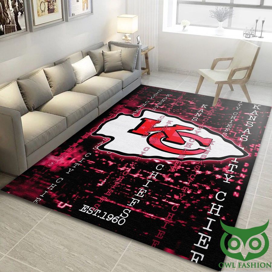 Kansas City Chiefs NFL Team Logo Black with Neon Red Words Carpet Rug