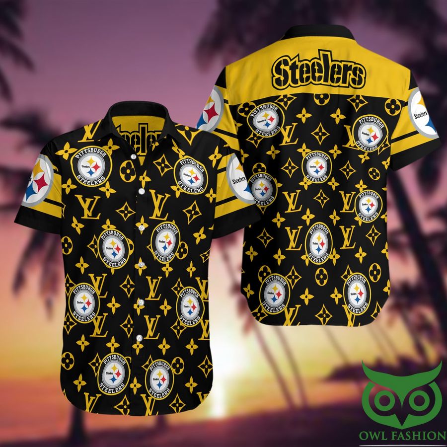 NFL Pittsburgh Steelers with Yellow Louis Vuitton Logo Black Hawaiian Shirt