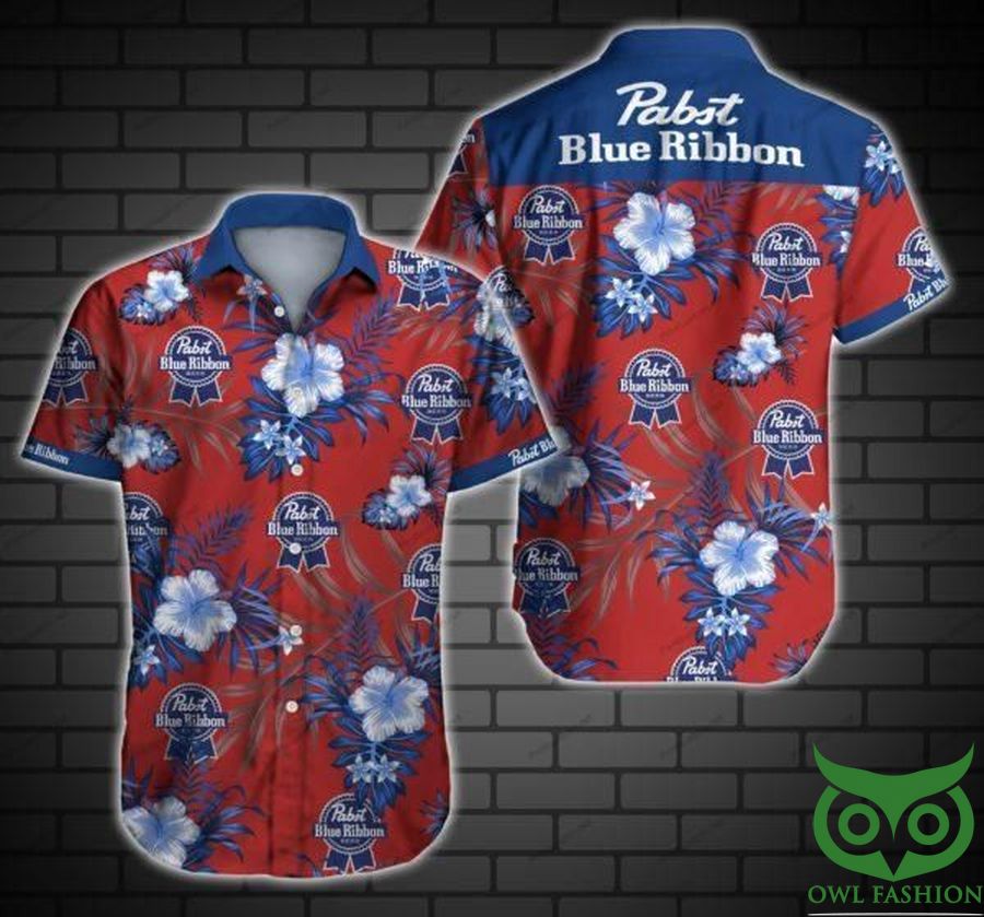 Pabst Blue Ribbon Lager Beer Red and Blue Flowers Hawaiian Shirt 