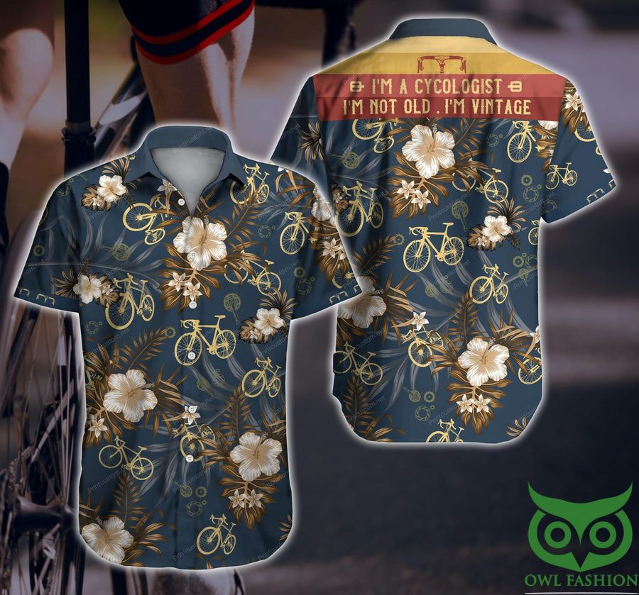 Cycling Vintage Golden Floral Indigo Blue Hawaiian Shirt 