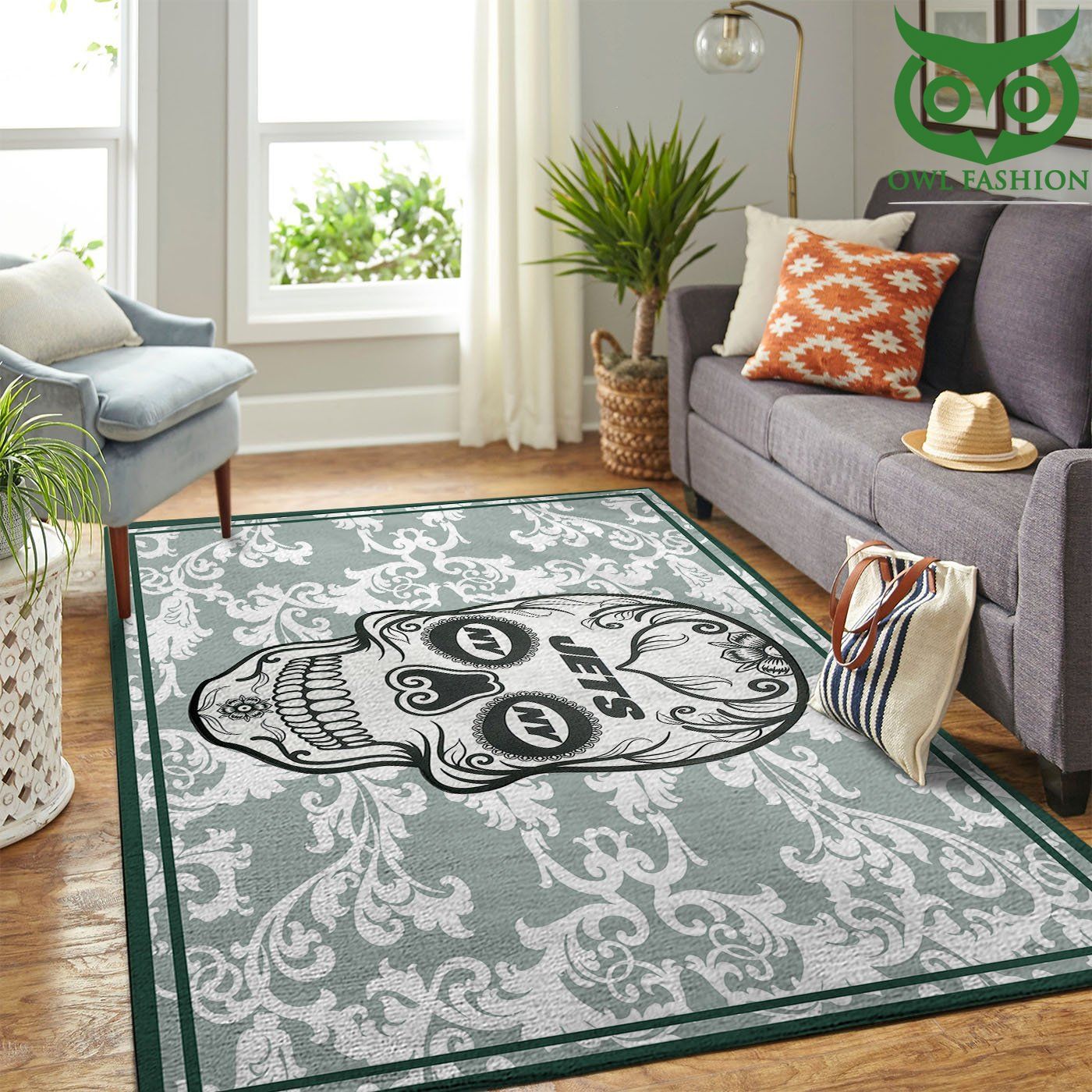 New York Jets Nfl Team Logo Skull Flower Style Nice carpet rug