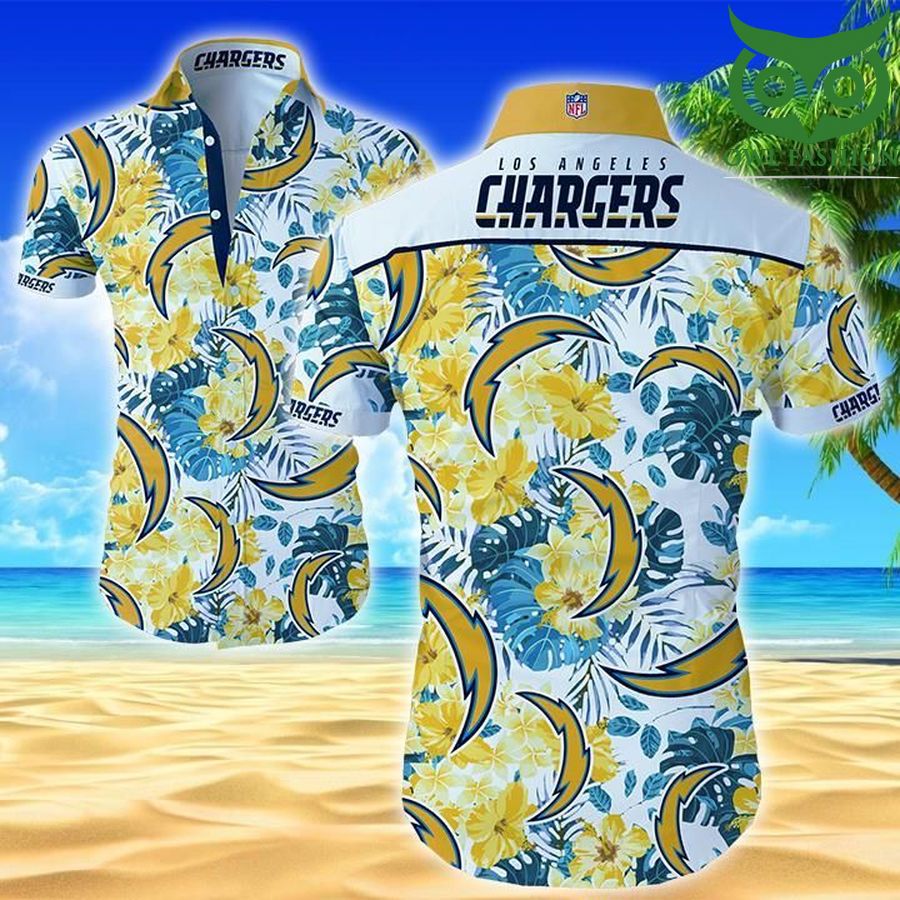 Nfl Los Angeles Chargers team logo tropical flower Hawaiian Shirt 