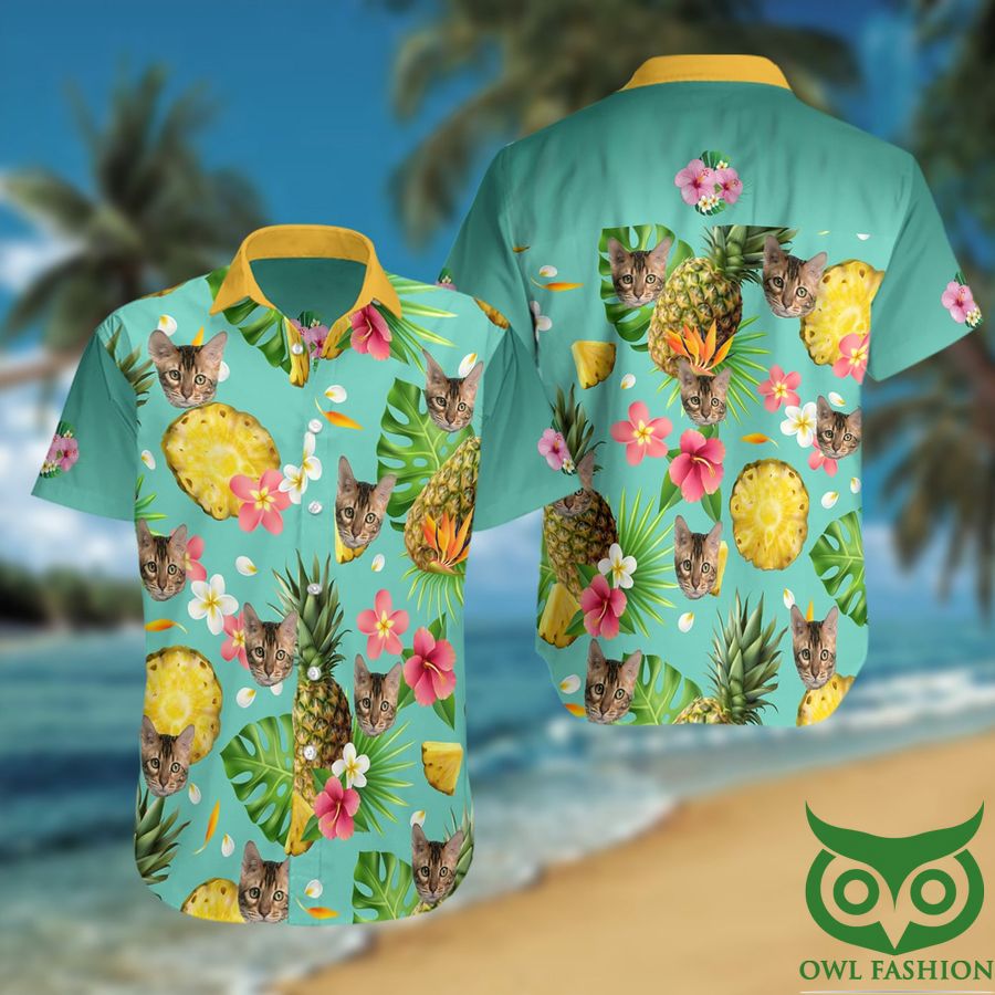 Bengal Cats and Pineapples and Leaves Turquoise Hawaiian Shirt