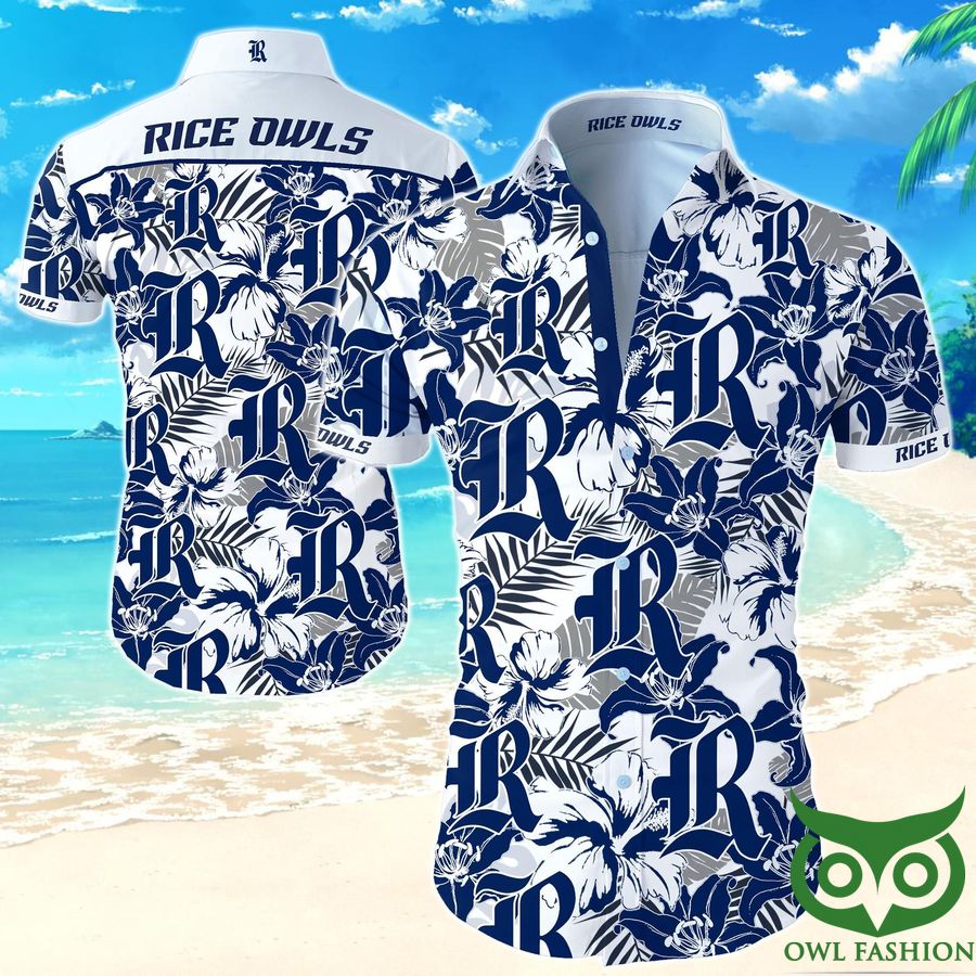 NCAA Rice Owls White and Dark Blue Flowers Hawaiian Shirt 
