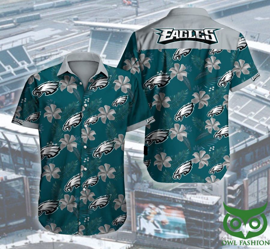 Philadelphia Eagles Logos Floral Teal Color Hawaiian Shirt