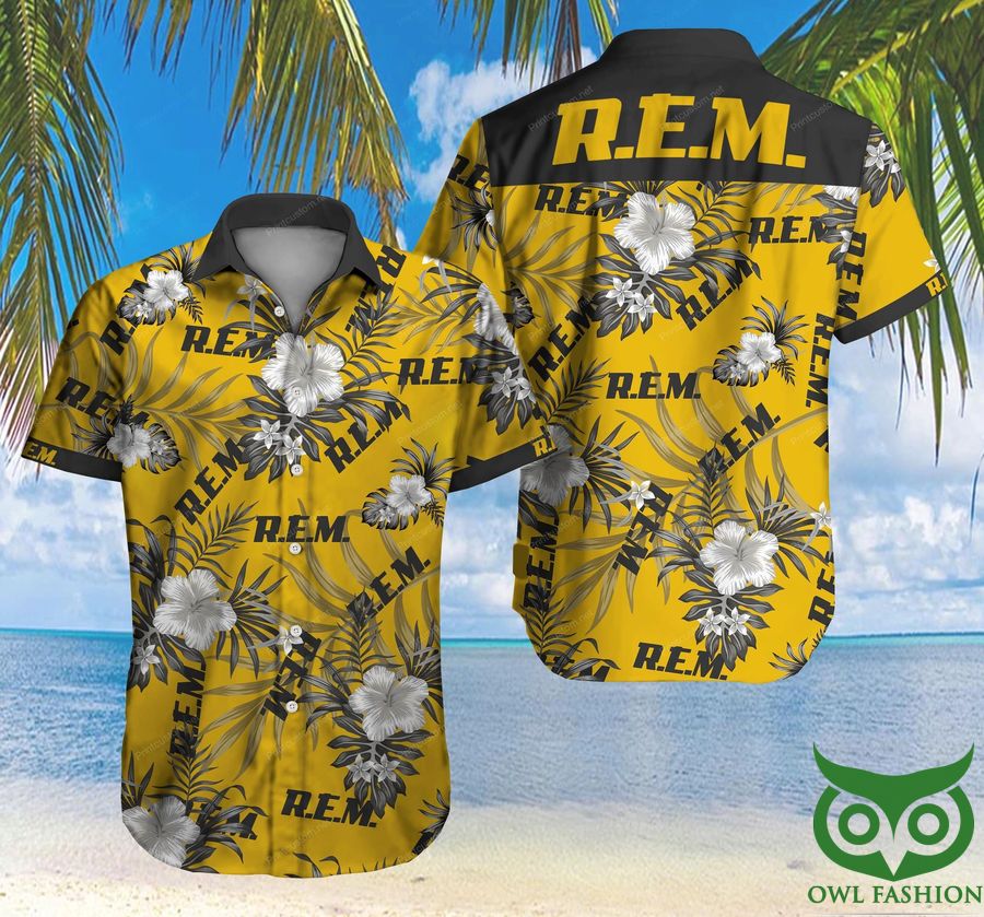 Rem Rock Band Logo Gold Flowers Yellow Hawaiian Shirt