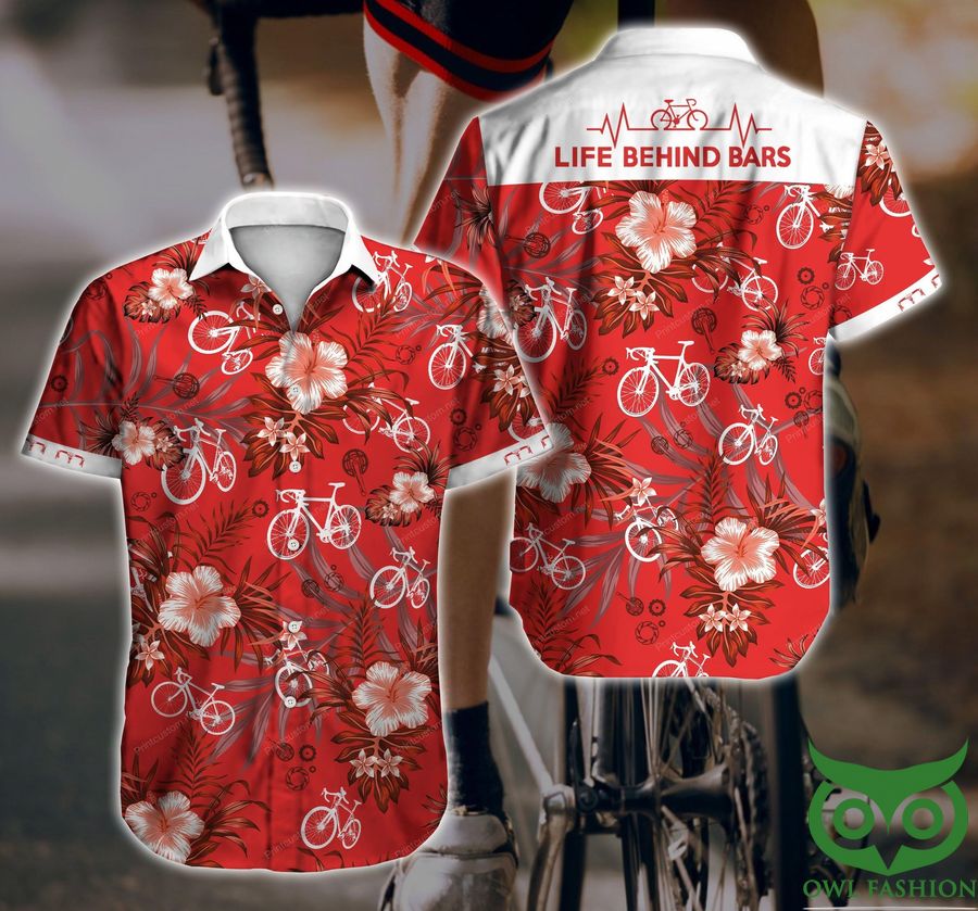 Cycling Life Behind Bars Bicycle and Flowers Red Hawaiian Shirt