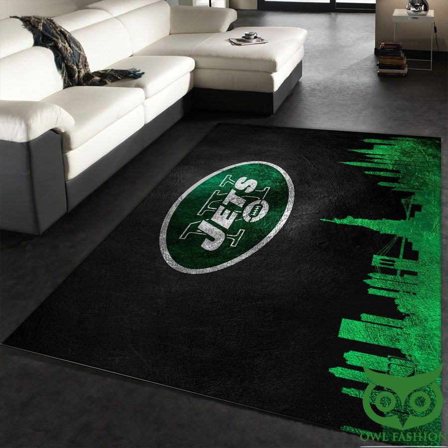 NFL New York Jets Team Logo Skyline Glossy Black Green Buildings Carpet Rug