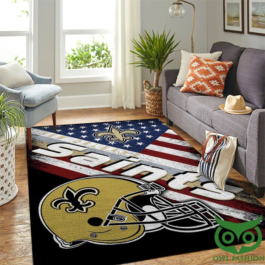 NFL Team Logo New Orleans Saints Yellow Helmet and US Flag Carpet Rug