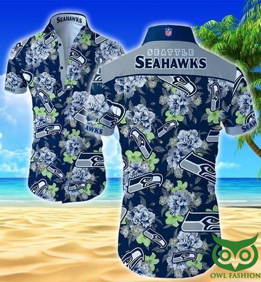 64 Seattle Seahawks Floral Dark Blue and Gray Hawaiian Shirt