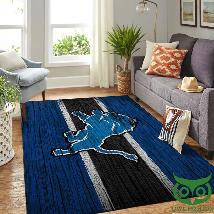 Detroit Lions NFL Team Logo Wooden Style Black and Dark Blue Carpet Rug