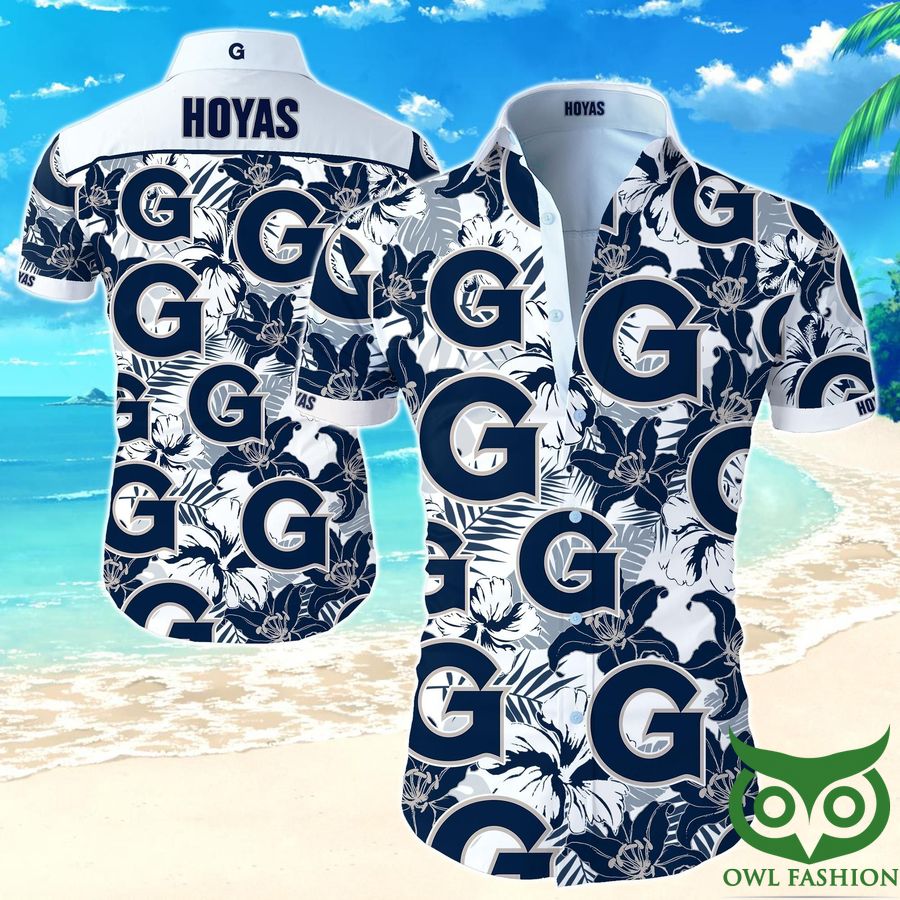 NCAA Georgetown Hoyas White and Sapphire Flowers Hawaiian Shirt 