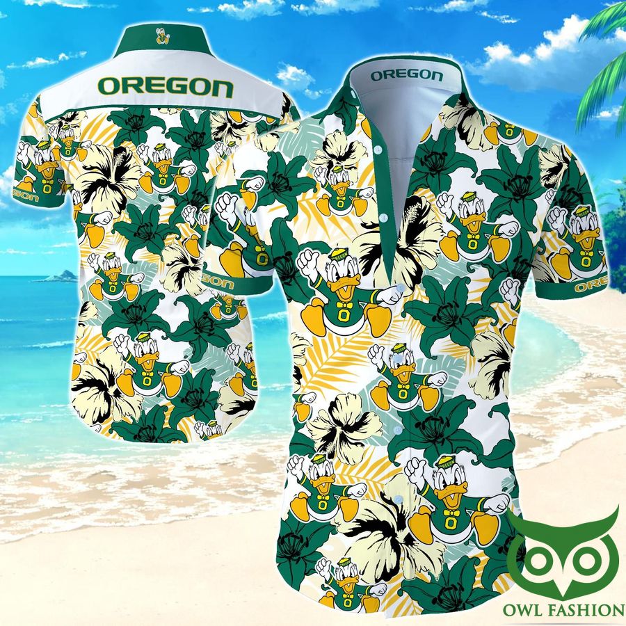 NCAA Oregon Ducks White and Green Beige Flowers Hawaiian Shirt 