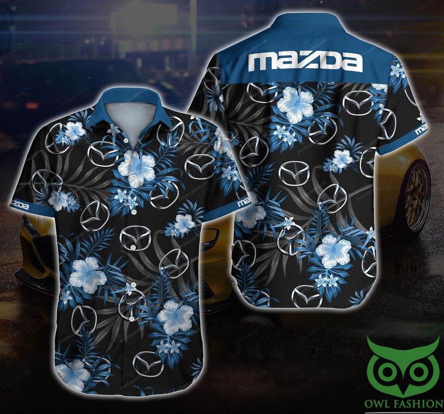 Mazda Car Logo Blue Floral Black Hawaiian Shirt 