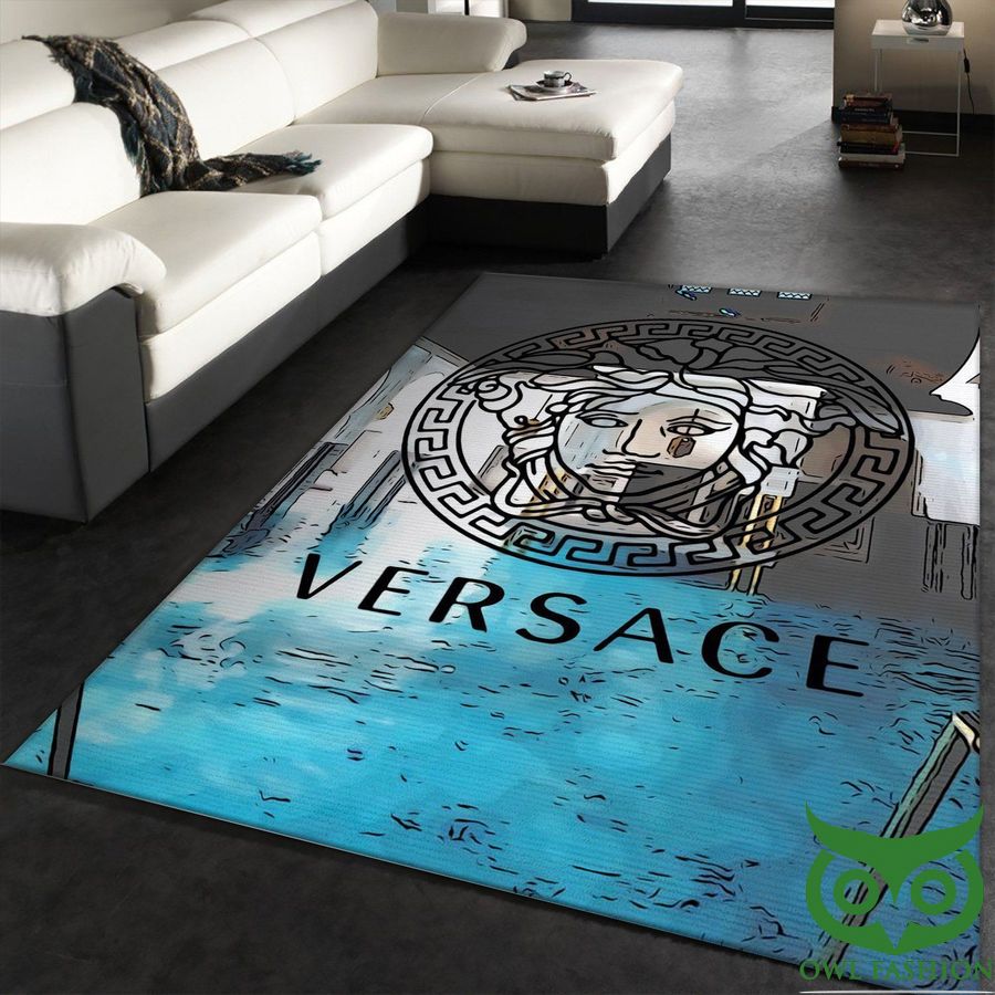 Versace Luxury Brand Gray and Blue Medusa Head Art Carpet Rug