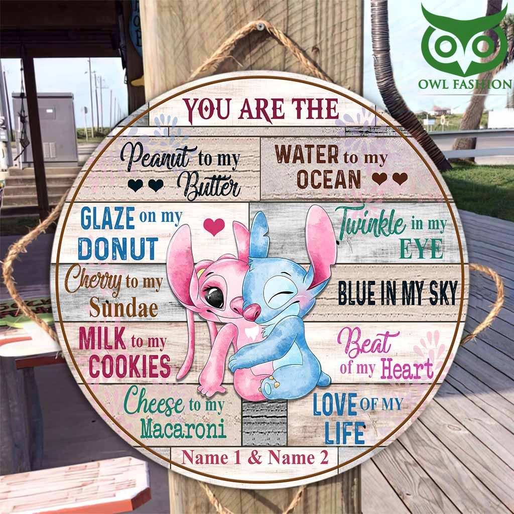 You Are The Love Of My Life Stitch and Angel Personalized Couple Round Wood Sign