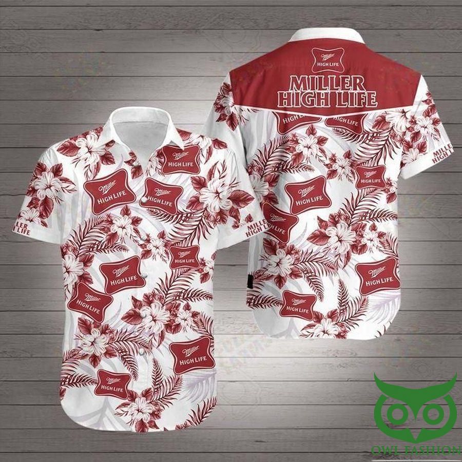 Miller High Life Beer White and Red Pink Flowers Hawaiian Shirt 