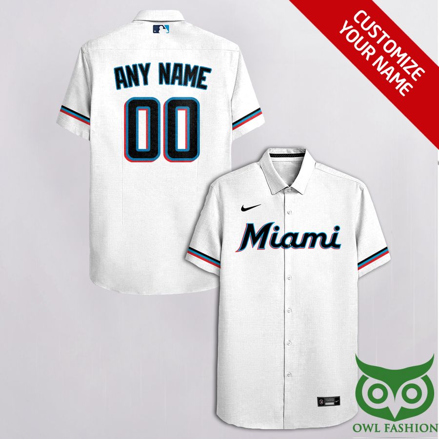 Customized Miami Marlins White with Black Nike Logo Cassette Hawaiian Shirt