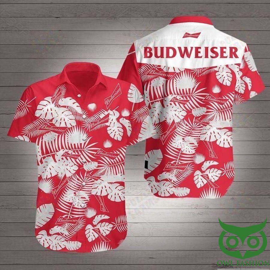 48 Budweiser Beer Red and White Leaves Hawaiian Shirt