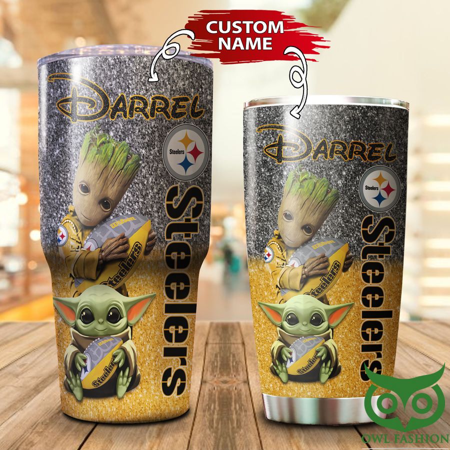 Custom Name Groot Pittsburgh Steelers Gray and Bright Yellow Tumbler Cup 