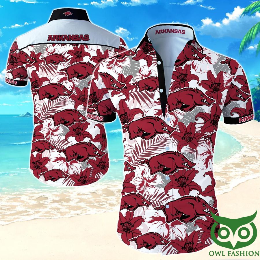 NCAA Arkansas Razorbacks White and Dark Red Flowers Hawaiian Shirt 