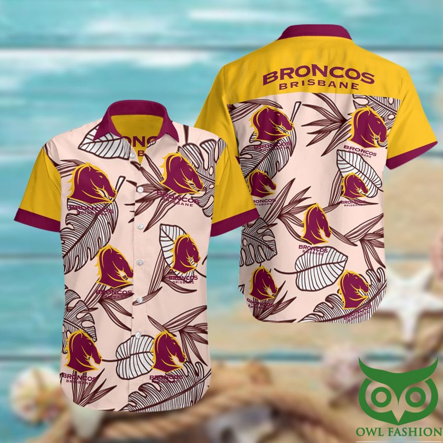 NRL Brisbane Broncos Beige and Yellow and Berry Color Hawaiian Shirt