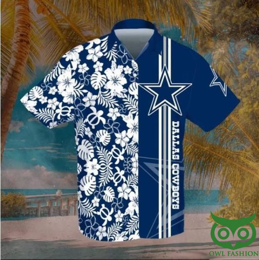 NFL Dallas Cowboys Dark Blue and White Flowers Hawaiian Shirt 